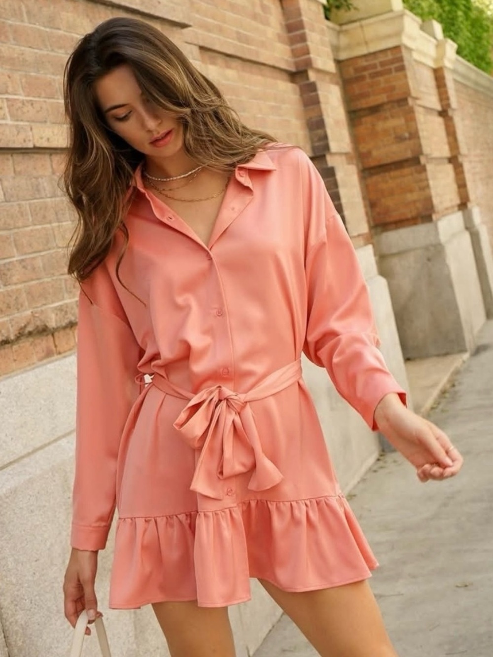 Lumiere Peach Satin Front Belted Shirt Dress
